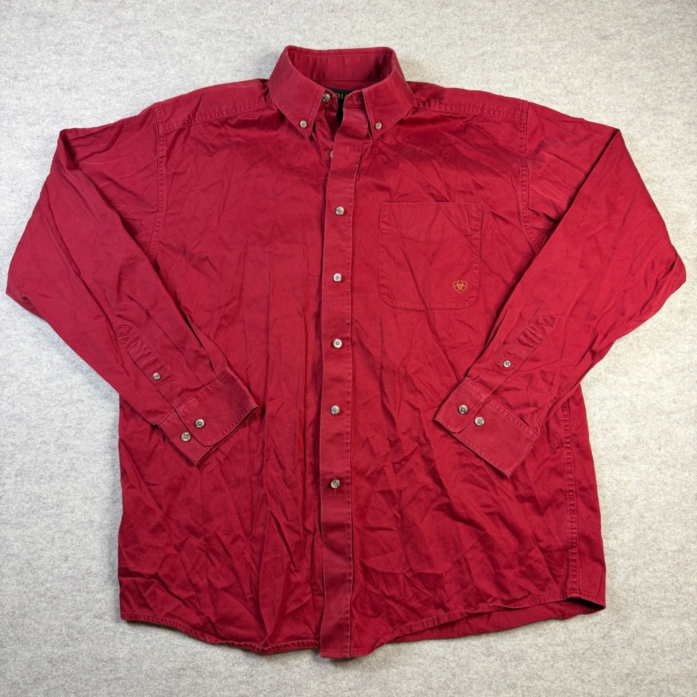 Ariat Mens Red Long Sleeve Button Down Shirt Large Logo Twill Workwear Western